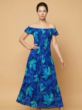 Papa Fashions Off-Shoulder Summer Beach Blue Floral Smocked Maxi Dress
Size M